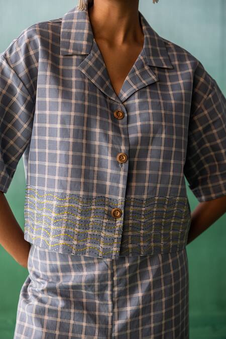 Buy Archana Jaju Blue Cotton, Linen Applique Checkered Threadwork Cropped Shirt With Pant Online at Aza Fashions Buy_Archana Jaju_Blue Cotton, Linen Applique Checkered Threadwork Cropped Shirt With Pant_Online_at_Aza_Fashions