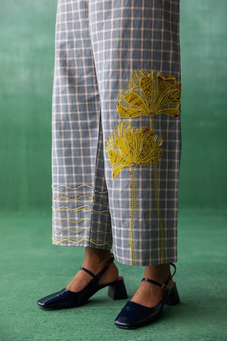 Shop Archana Jaju Blue Cotton, Linen Applique Checkered Threadwork Cropped Shirt With Pant Online at Aza Fashions Shop_Archana Jaju_Blue Cotton, Linen Applique Checkered Threadwork Cropped Shirt With Pant_Online_at_Aza_Fashions