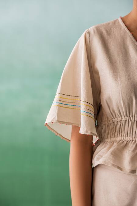 Buy Archana Jaju Beige Cotton, Chanderi Beads V-neck Threadwork Peplum Top With Flared Pant Online at Aza Fashions Buy_Archana Jaju_Beige Cotton, Chanderi Beads V-neck Threadwork Peplum Top With Flared Pant_Online_at_Aza_Fashions