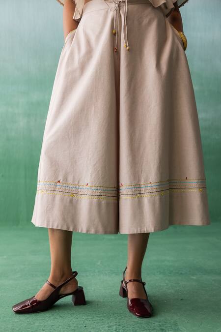 Shop Archana Jaju Beige Cotton, Chanderi Beads V-neck Threadwork Peplum Top With Flared Pant Online at Aza Fashions Shop_Archana Jaju_Beige Cotton, Chanderi Beads V-neck Threadwork Peplum Top With Flared Pant_Online_at_Aza_Fashions