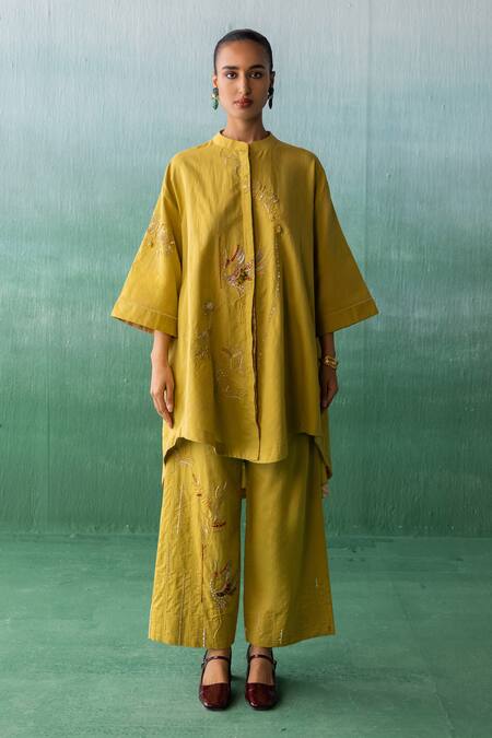 Archana Jaju_Yellow Cotton, Linen Embroidery, Beads Mandarin Floral High-low Tunic With Pant_Online_at_Aza_Fashions