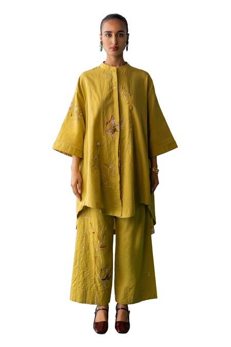 Buy_Archana Jaju_Yellow Cotton, Linen Embroidery, Beads Mandarin Floral High-low Tunic With Pant_Online_at_Aza_Fashions