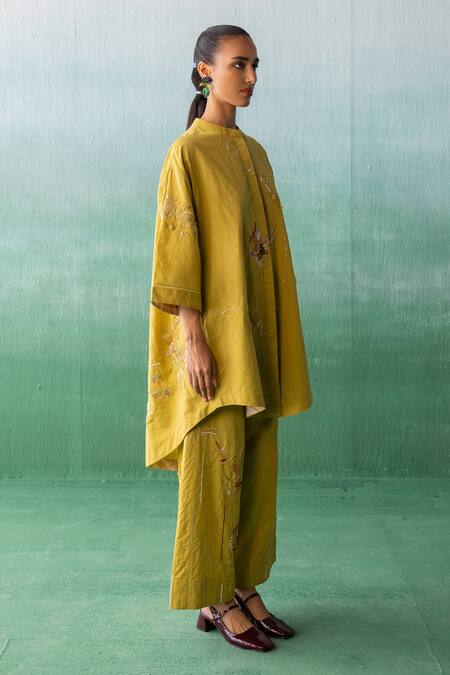 Shop_Archana Jaju_Yellow Cotton, Linen Embroidery, Beads Mandarin Floral High-low Tunic With Pant_Online_at_Aza_Fashions
