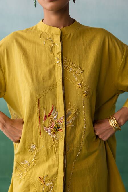 Buy_Archana Jaju_Yellow Cotton, Linen Embroidery, Beads Mandarin Floral High-low Tunic With Pant