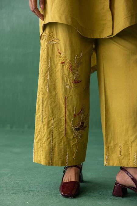 Shop_Archana Jaju_Yellow Cotton, Linen Embroidery, Beads Mandarin Floral High-low Tunic With Pant