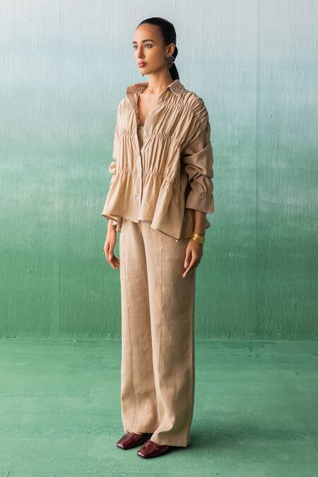 Shop Archana Jaju Brown Chanderi, Linen Embroidery Ruched Shirt With Pant at Aza Fashions Shop_Archana Jaju_Brown Chanderi, Linen Embroidery Ruched Shirt With Pant_at_Aza_Fashions