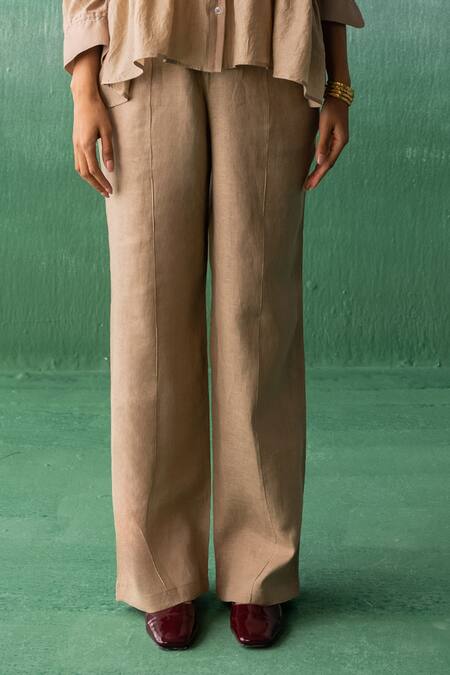 Archana Jaju Brown Chanderi, Linen Embroidery Ruched Shirt With Pant Online at Aza Fashions Archana Jaju_Brown Chanderi, Linen Embroidery Ruched Shirt With Pant_Online_at_Aza_Fashions