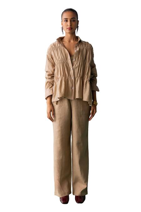 Buy Archana Jaju Brown Chanderi, Linen Embroidery Ruched Shirt With Pant Online at Aza Fashions Buy_Archana Jaju_Brown Chanderi, Linen Embroidery Ruched Shirt With Pant_Online_at_Aza_Fashions