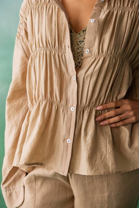 Shop Archana Jaju Brown Chanderi, Linen Embroidery Ruched Shirt With Pant Online at Aza Fashions Shop_Archana Jaju_Brown Chanderi, Linen Embroidery Ruched Shirt With Pant_Online_at_Aza_Fashions