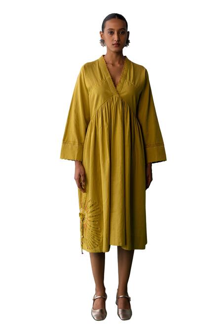 Archana Jaju Yellow Cotton, Linen Applique, Beads V-neck Side Kalamkari Dress Online at Aza Fashions Archana Jaju_Yellow Cotton, Linen Applique, Beads V-neck Side Kalamkari Dress_Online_at_Aza_Fashions