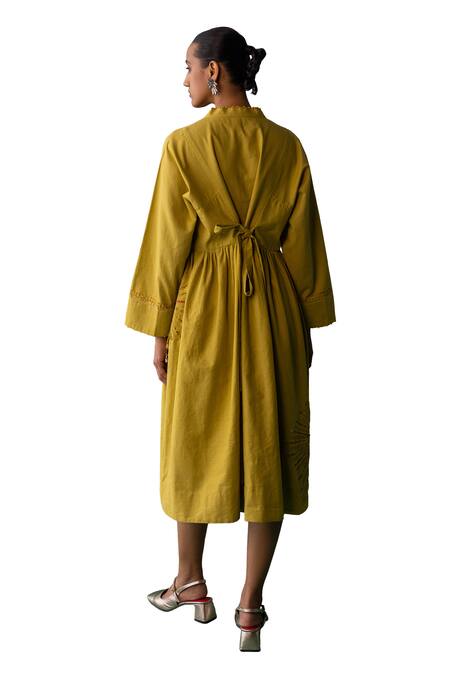 Shop Archana Jaju Yellow Cotton, Linen Applique, Beads V-neck Side Kalamkari Dress Online at Aza Fashions Shop_Archana Jaju_Yellow Cotton, Linen Applique, Beads V-neck Side Kalamkari Dress_Online_at_Aza_Fashions