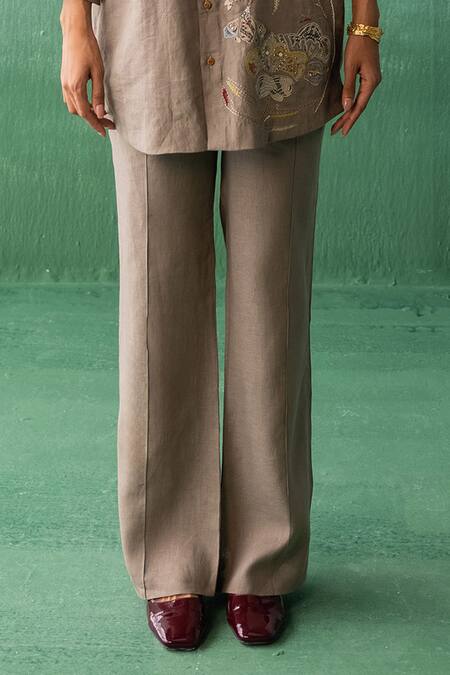 Archana Jaju Brown Linen Sequins, Applique, Embroidery Shawl Neck Floral Shirt With Pant Online at Aza Fashions Archana Jaju_Brown Linen Sequins, Applique, Embroidery Shawl Neck Floral Shirt With Pant_Online_at_Aza_Fashions