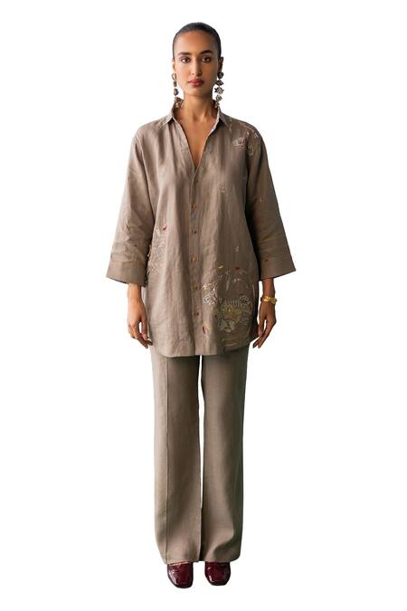 Buy Archana Jaju Brown Linen Sequins, Applique, Embroidery Shawl Neck Floral Shirt With Pant Online at Aza Fashions Buy_Archana Jaju_Brown Linen Sequins, Applique, Embroidery Shawl Neck Floral Shirt With Pant_Online_at_Aza_Fashions