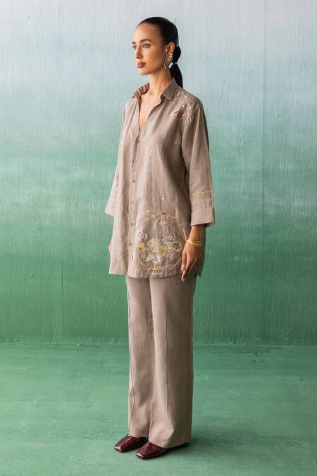 Shop Archana Jaju Brown Linen Sequins, Applique, Embroidery Shawl Neck Floral Shirt With Pant Online at Aza Fashions Shop_Archana Jaju_Brown Linen Sequins, Applique, Embroidery Shawl Neck Floral Shirt With Pant_Online_at_Aza_Fashions