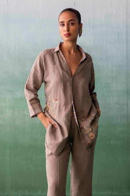 Buy Archana Jaju Brown Linen Sequins, Applique, Embroidery Shawl Neck Floral Shirt With Pant Buy_Archana Jaju_Brown Linen Sequins, Applique, Embroidery Shawl Neck Floral Shirt With Pant