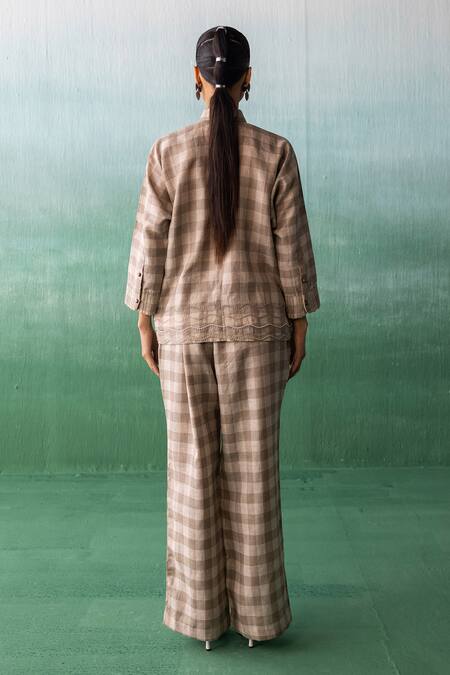 Shop Archana Jaju Brown Linen Tassels, Embroidery Shawl Crane Applique Checkered Shirt With Pant at Aza Fashions Shop_Archana Jaju_Brown Linen Tassels, Embroidery Shawl Crane Applique Checkered Shirt With Pant_at_Aza_Fashions