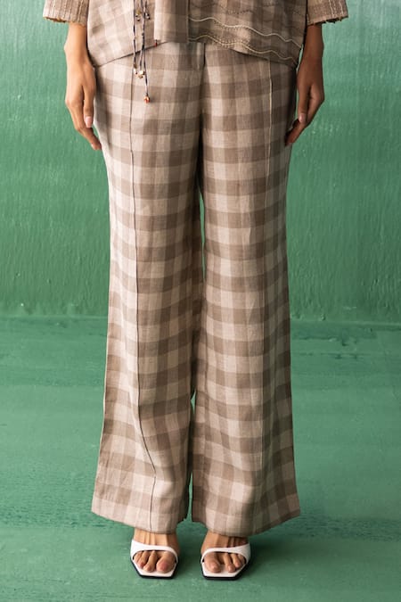 Archana Jaju Brown Linen Tassels, Embroidery Shawl Crane Applique Checkered Shirt With Pant Online at Aza Fashions Archana Jaju_Brown Linen Tassels, Embroidery Shawl Crane Applique Checkered Shirt With Pant_Online_at_Aza_Fashions