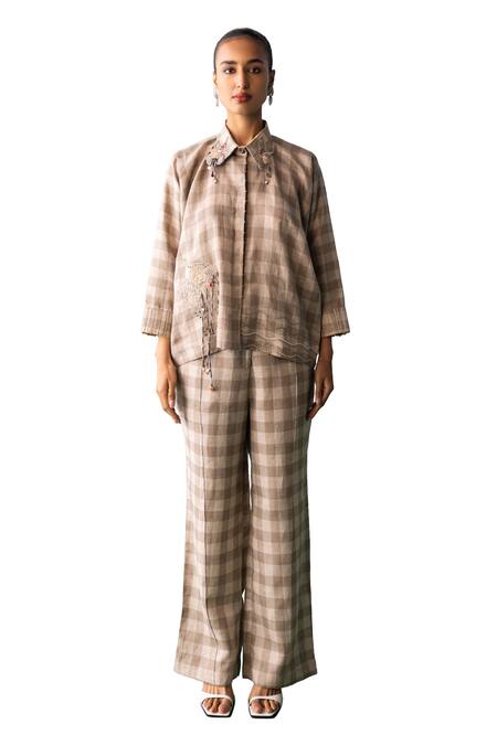 Buy Archana Jaju Brown Linen Tassels, Embroidery Shawl Crane Applique Checkered Shirt With Pant Online at Aza Fashions Buy_Archana Jaju_Brown Linen Tassels, Embroidery Shawl Crane Applique Checkered Shirt With Pant_Online_at_Aza_Fashions
