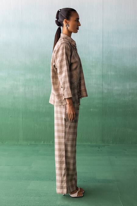 Shop Archana Jaju Brown Linen Tassels, Embroidery Shawl Crane Applique Checkered Shirt With Pant Online at Aza Fashions Shop_Archana Jaju_Brown Linen Tassels, Embroidery Shawl Crane Applique Checkered Shirt With Pant_Online_at_Aza_Fashions