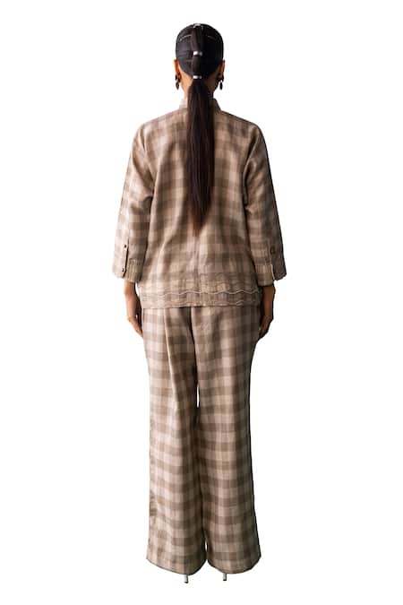 Archana Jaju Brown Linen Tassels, Embroidery Shawl Crane Applique Checkered Shirt With Pant at Aza Fashions Archana Jaju_Brown Linen Tassels, Embroidery Shawl Crane Applique Checkered Shirt With Pant_at_Aza_Fashions