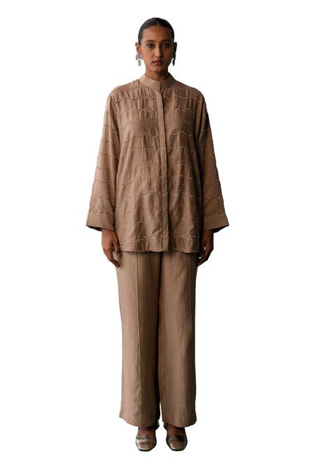 Buy_Archana Jaju_Brown Chanderi Beads, Embroidery Mandarin Collar Thread Wave Shirt With Pant_Online_at_Aza_Fashions
