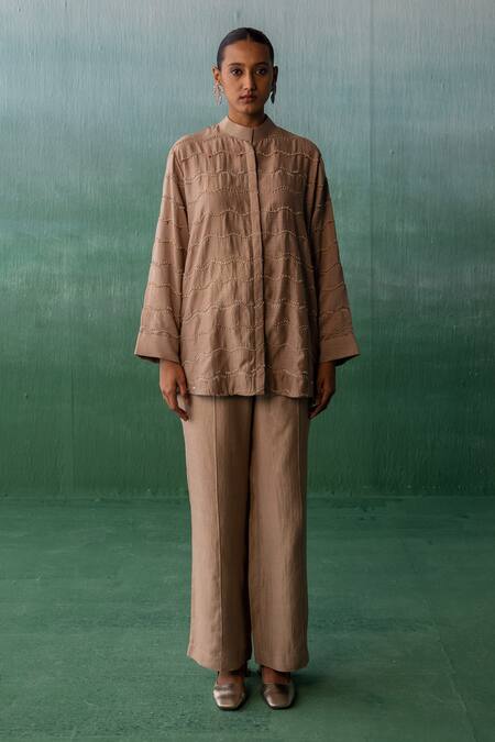 Shop_Archana Jaju_Brown Chanderi Beads, Embroidery Mandarin Collar Thread Wave Shirt With Pant_Online_at_Aza_Fashions