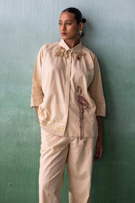 Shop Archana Jaju Yellow Cotton, Linen Tassels, Embroidery Crane Applique Striped Shirt With Pant at Aza Fashions Shop_Archana Jaju_Yellow Cotton, Linen Tassels, Embroidery Crane Applique Striped Shirt With Pant_at_Aza_Fashions