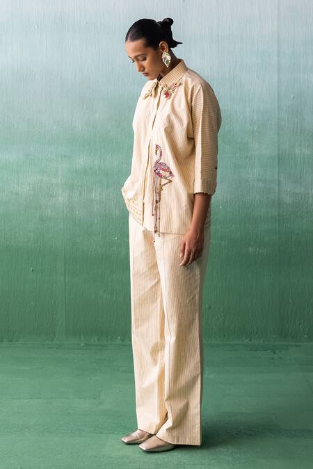 Archana Jaju Yellow Cotton, Linen Tassels, Embroidery Crane Applique Striped Shirt With Pant Online at Aza Fashions Archana Jaju_Yellow Cotton, Linen Tassels, Embroidery Crane Applique Striped Shirt With Pant_Online_at_Aza_Fashions