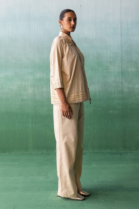 Buy Archana Jaju Yellow Cotton, Linen Tassels, Embroidery Crane Applique Striped Shirt With Pant Online at Aza Fashions Buy_Archana Jaju_Yellow Cotton, Linen Tassels, Embroidery Crane Applique Striped Shirt With Pant_Online_at_Aza_Fashions