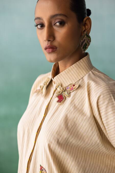 Shop Archana Jaju Yellow Cotton, Linen Tassels, Embroidery Crane Applique Striped Shirt With Pant Online at Aza Fashions Shop_Archana Jaju_Yellow Cotton, Linen Tassels, Embroidery Crane Applique Striped Shirt With Pant_Online_at_Aza_Fashions