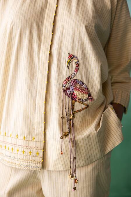Archana Jaju Yellow Cotton, Linen Tassels, Embroidery Crane Applique Striped Shirt With Pant at Aza Fashions Archana Jaju_Yellow Cotton, Linen Tassels, Embroidery Crane Applique Striped Shirt With Pant_at_Aza_Fashions