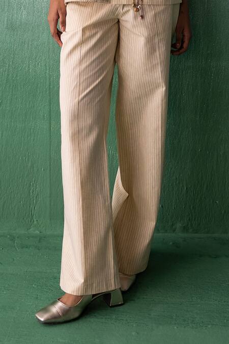 Buy Archana Jaju Yellow Cotton, Linen Tassels, Embroidery Crane Applique Striped Shirt With Pant Buy_Archana Jaju_Yellow Cotton, Linen Tassels, Embroidery Crane Applique Striped Shirt With Pant