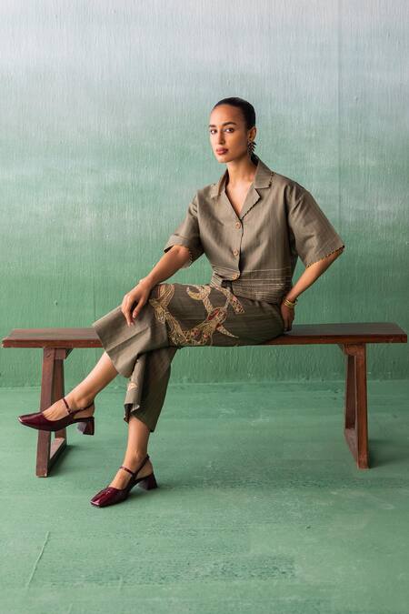 Shop Archana Jaju Green Cotton, Linen Embroidery, Applique Striped Cropped Shirt With Pant at Aza Fashions Shop_Archana Jaju_Green Cotton, Linen Embroidery, Applique Striped Cropped Shirt With Pant_at_Aza_Fashions