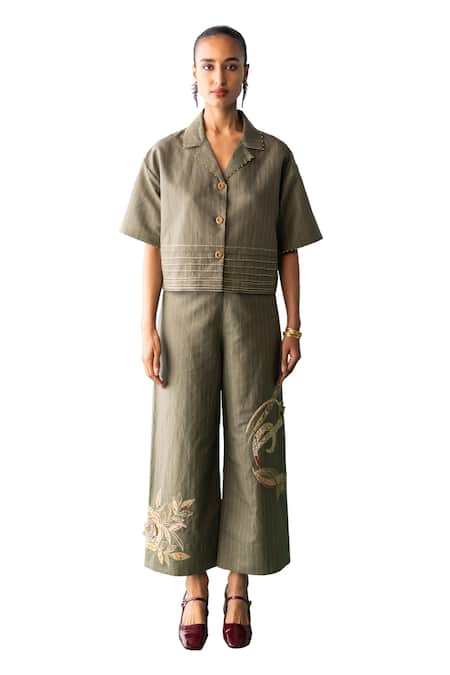 Archana Jaju Green Cotton, Linen Embroidery, Applique Striped Cropped Shirt With Pant Online at Aza Fashions Archana Jaju_Green Cotton, Linen Embroidery, Applique Striped Cropped Shirt With Pant_Online_at_Aza_Fashions