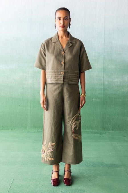 Buy Archana Jaju Green Cotton, Linen Embroidery, Applique Striped Cropped Shirt With Pant Online at Aza Fashions Buy_Archana Jaju_Green Cotton, Linen Embroidery, Applique Striped Cropped Shirt With Pant_Online_at_Aza_Fashions