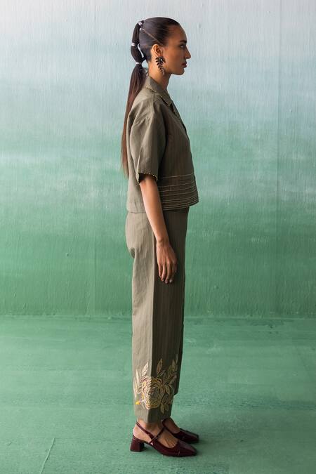 Shop Archana Jaju Green Cotton, Linen Embroidery, Applique Striped Cropped Shirt With Pant Online at Aza Fashions Shop_Archana Jaju_Green Cotton, Linen Embroidery, Applique Striped Cropped Shirt With Pant_Online_at_Aza_Fashions