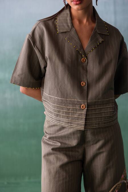 Archana Jaju Green Cotton, Linen Embroidery, Applique Striped Cropped Shirt With Pant at Aza Fashions Archana Jaju_Green Cotton, Linen Embroidery, Applique Striped Cropped Shirt With Pant_at_Aza_Fashions