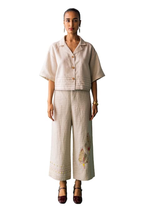 Archana Jaju_Beige Linen Embroidery, Applique Threadwork Cropped Shirt With Checkered Pant_Online_at_Aza_Fashions