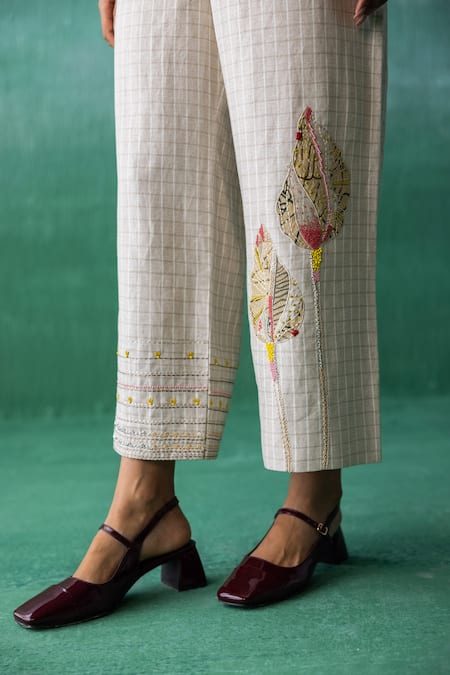 Shop_Archana Jaju_Beige Linen Embroidery, Applique Threadwork Cropped Shirt With Checkered Pant_Online_at_Aza_Fashions