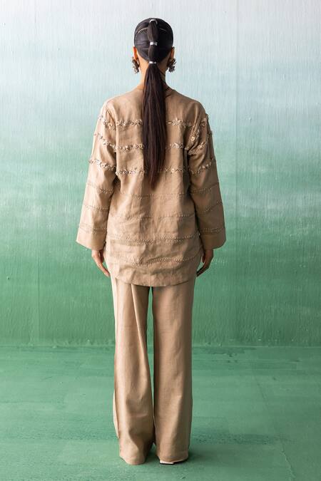 Shop Archana Jaju Brown Linen Embroidery, Applique, Beads Floral Threadwork Shirt With Pant at Aza Fashions Shop_Archana Jaju_Brown Linen Embroidery, Applique, Beads Floral Threadwork Shirt With Pant_at_Aza_Fashions