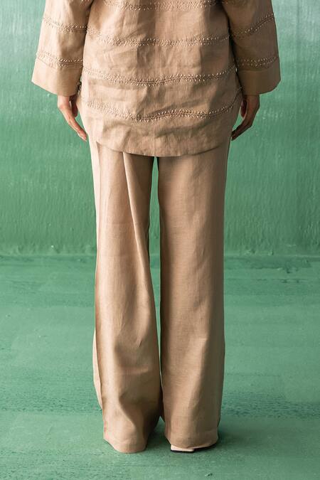 Archana Jaju Brown Linen Embroidery, Applique, Beads Floral Threadwork Shirt With Pant Online at Aza Fashions Archana Jaju_Brown Linen Embroidery, Applique, Beads Floral Threadwork Shirt With Pant_Online_at_Aza_Fashions