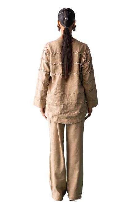 Buy Archana Jaju Brown Linen Embroidery, Applique, Beads Floral Threadwork Shirt With Pant Online at Aza Fashions Buy_Archana Jaju_Brown Linen Embroidery, Applique, Beads Floral Threadwork Shirt With Pant_Online_at_Aza_Fashions