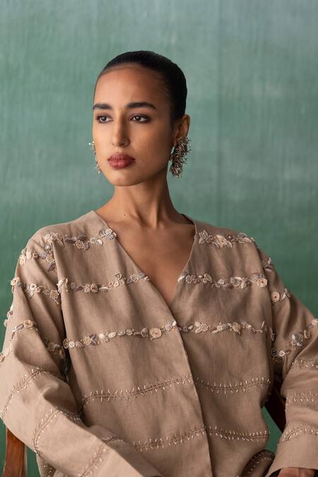 Shop Archana Jaju Brown Linen Embroidery, Applique, Beads Floral Threadwork Shirt With Pant Online at Aza Fashions Shop_Archana Jaju_Brown Linen Embroidery, Applique, Beads Floral Threadwork Shirt With Pant_Online_at_Aza_Fashions