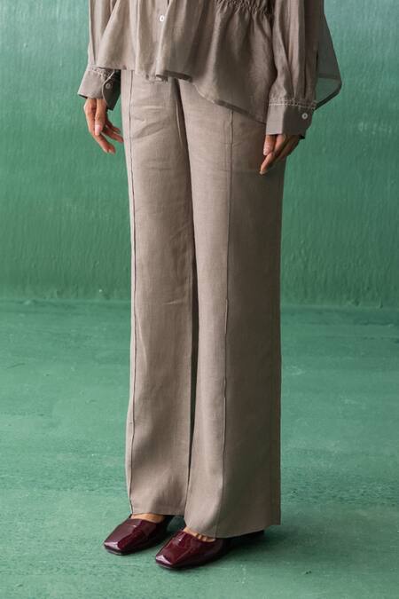 Archana Jaju_Brown Chanderi, Linen Embroidery Collared Ruched Tiered Shirt With Pant_Online_at_Aza_Fashions