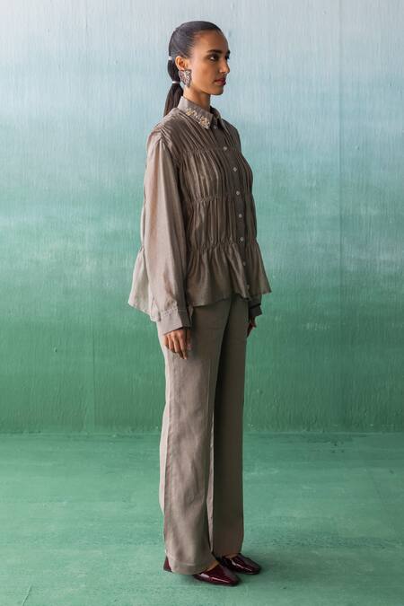Buy_Archana Jaju_Brown Chanderi, Linen Embroidery Collared Ruched Tiered Shirt With Pant_Online_at_Aza_Fashions