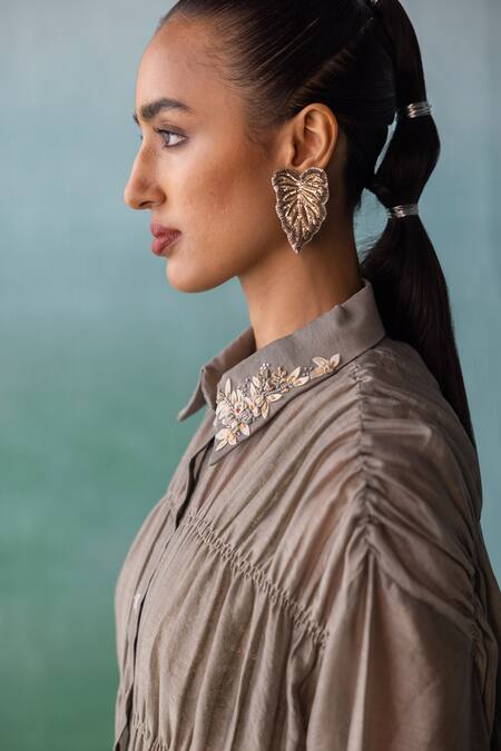 Archana Jaju_Brown Chanderi, Linen Embroidery Collared Ruched Tiered Shirt With Pant_at_Aza_Fashions