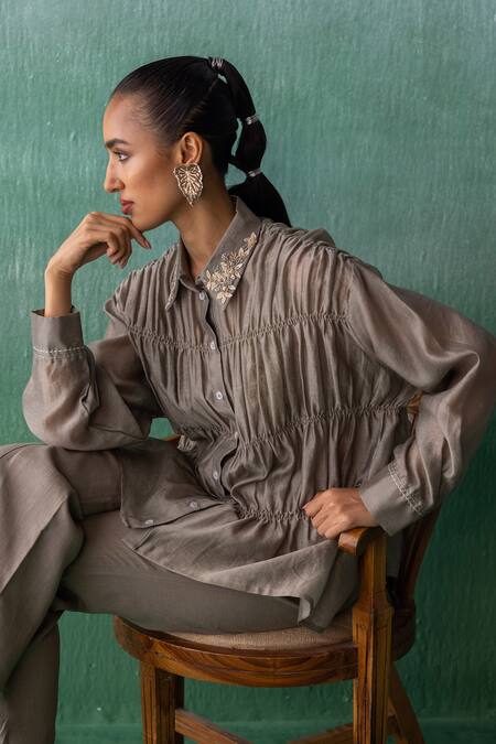 Shop_Archana Jaju_Brown Chanderi, Linen Embroidery Collared Ruched Tiered Shirt With Pant