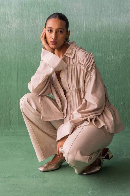 Shop Archana Jaju Beige Chanderi, Linen Embroidery Shawl Neck Tiered Ruched Shirt With Pant at Aza Fashions Shop_Archana Jaju_Beige Chanderi, Linen Embroidery Shawl Neck Tiered Ruched Shirt With Pant_at_Aza_Fashions