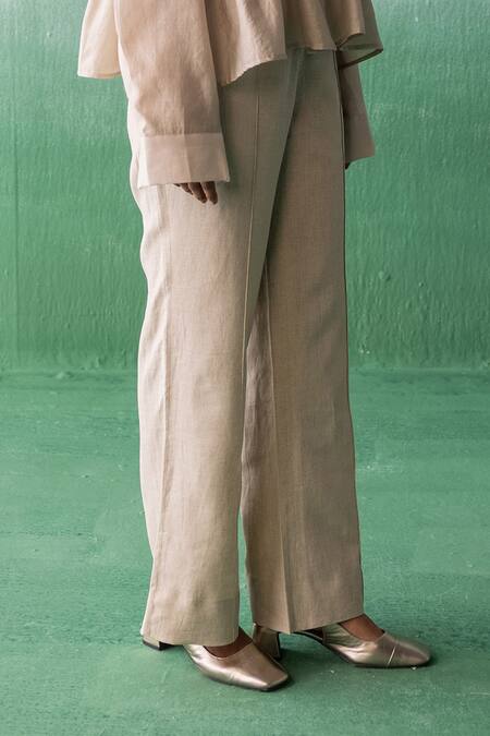 Archana Jaju Beige Chanderi, Linen Embroidery Shawl Neck Tiered Ruched Shirt With Pant Online at Aza Fashions Archana Jaju_Beige Chanderi, Linen Embroidery Shawl Neck Tiered Ruched Shirt With Pant_Online_at_Aza_Fashions