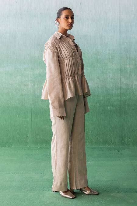 Buy Archana Jaju Beige Chanderi, Linen Embroidery Shawl Neck Tiered Ruched Shirt With Pant Online at Aza Fashions Buy_Archana Jaju_Beige Chanderi, Linen Embroidery Shawl Neck Tiered Ruched Shirt With Pant_Online_at_Aza_Fashions